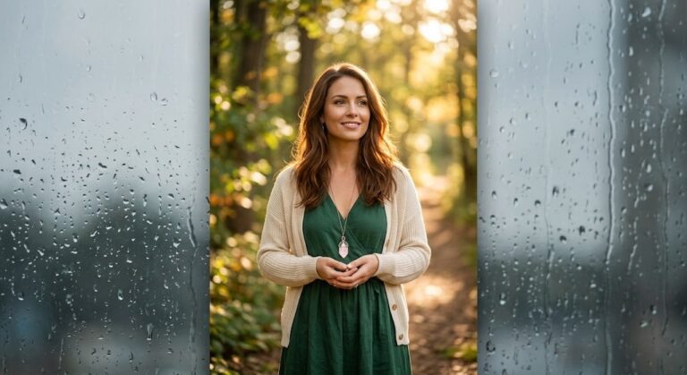 An emotional and empowering featured image of a confident woman (Elara Vance) smiling and walking towards a sunlit forest path, transitioning from the moody blue and grey rain of a toxic ex relationship to the golden light of reclaimed power, for a blog post on breaking a trauma bond