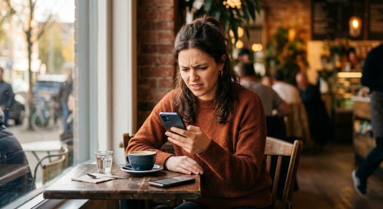 Woman looking at her phone confused by a Gemini man's hot and cold behavior