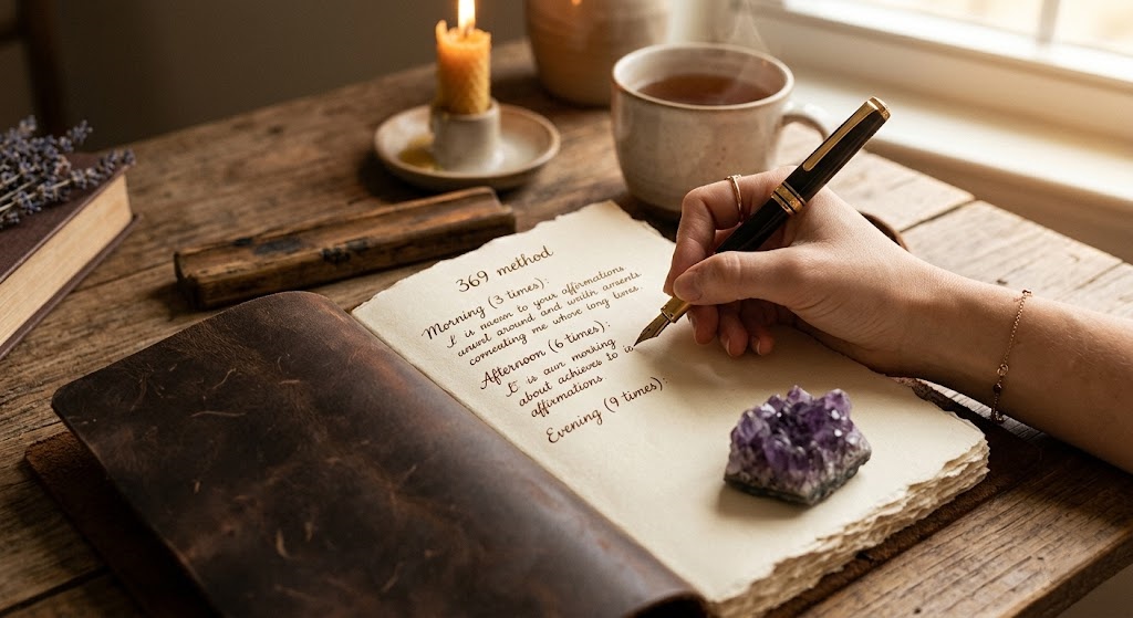A close-up of a woman's hand using a fountain pen to write elegantly in an aesthetic leather-bound journal, explicitly demonstrating the 369 manifestation method with a large raw amethyst crystal sitting near the writing for added spiritual energy to manifest a text from a specific person.