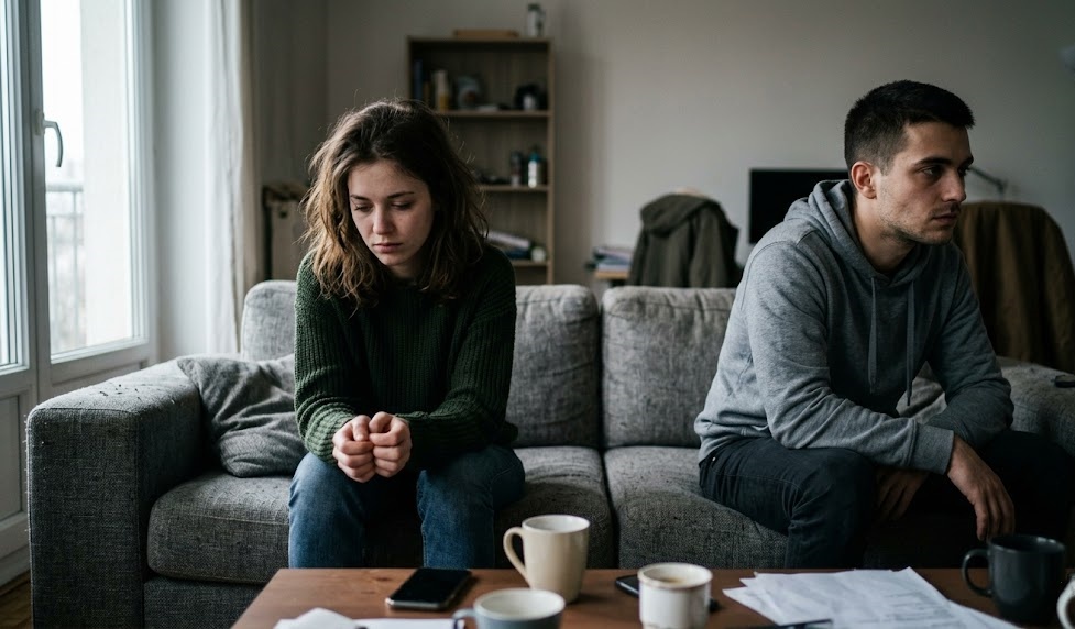 A frustrated couple sitting apart, needing effective communication exercises for couples.