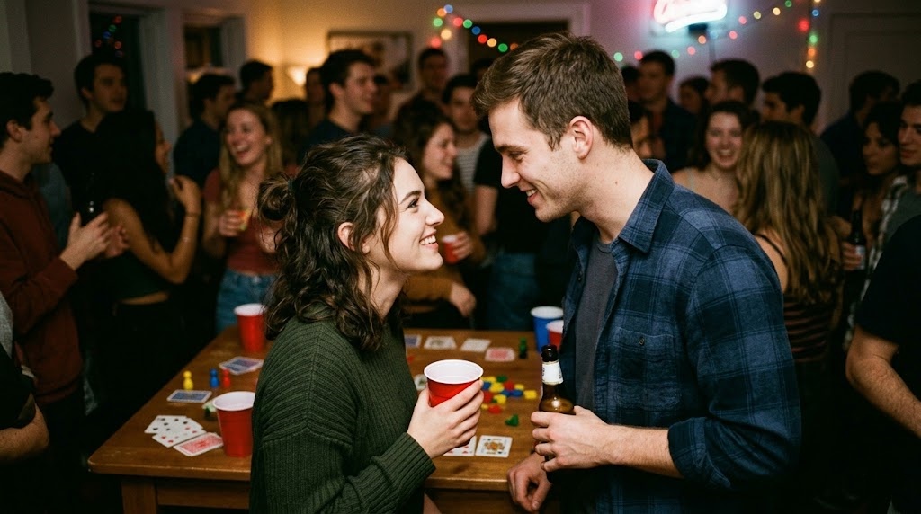A couple flirting and making eye contact while playing drinking games for small groups.
