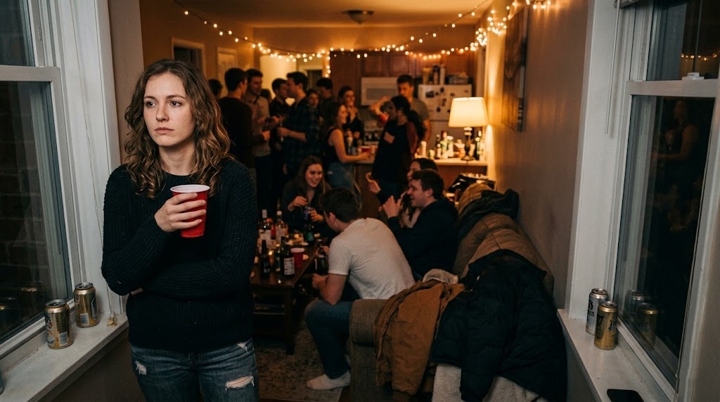 A single woman looking thoughtful at a party, taking a break from playing drinking games without anything.