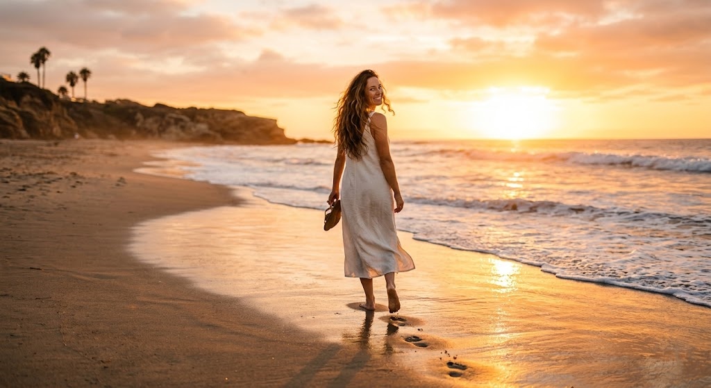 A radiant, empowered woman walks confidently away on a beautiful sunlit beach at sunset, leaving footprints in the sand and looking back over her shoulder with a peaceful, liberated smile, symbolizing reclaiming her power and moving on from a false twin flame connection to meet her true soulmate.