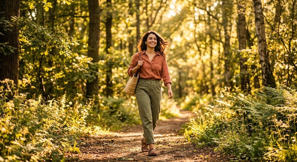 A radiant, confident woman walking through a sunlit forest path, smiling slightly and looking forward with a hopeful expression, representing the process of regaining strength, freedom, and self-worth after a difficult breakup.