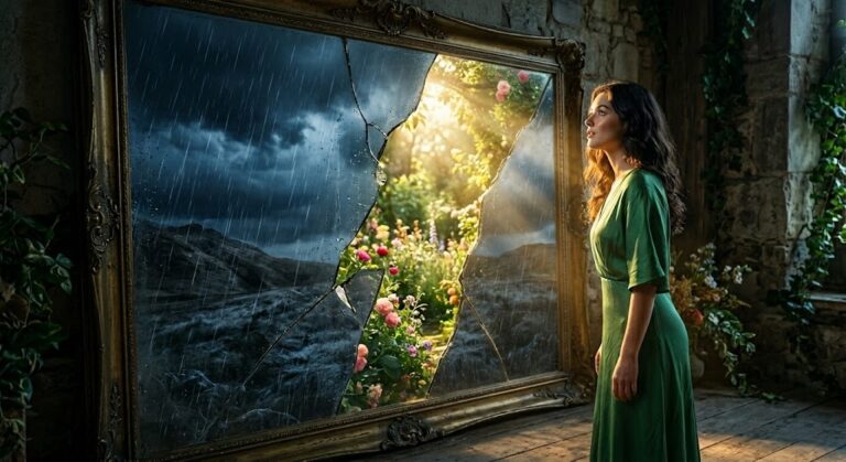 A cinematic featured image showing a woman looking through a cracked mirror, transitioning from a dark stormy reflection representing a false twin flame signs relationship to a bright sunlit garden representing her true soulmate connection and self-love.