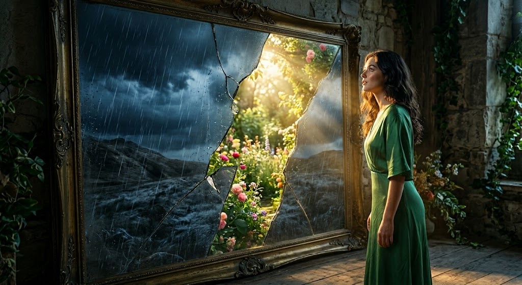 A cinematic featured image showing a woman looking through a cracked mirror, transitioning from a dark stormy reflection representing a false twin flame signs relationship to a bright sunlit garden representing her true soulmate connection and self-love.