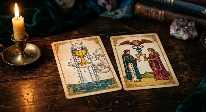  Close-up of tarot cups cards on a wooden surface representing the five of cups tarot meaning in love reading，