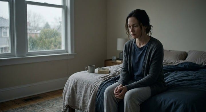 Woman sitting alone on a bed in quiet grief, representing the Five of Cups tarot card energy in love