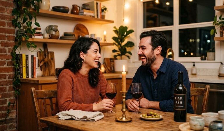 A happy husband and wife laughing over wine at a candlelit table, perfect for a fun questions for married couples game night.