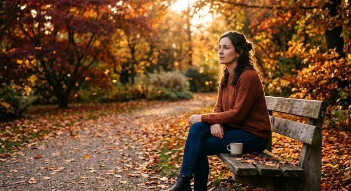 Woman sitting alone on a park bench in autumn light, finding peace and clarity after heartbreak