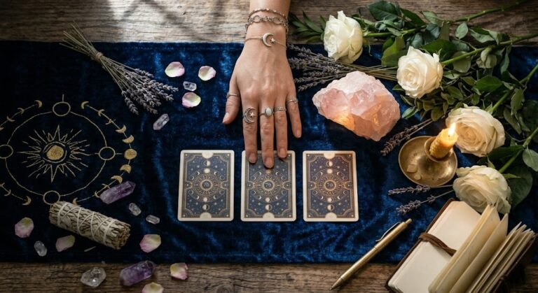 A mystical aesthetic featured image of an 'is he my soulmate tarot spread' showing a woman's hand hovering over three face-down tarot cards with crystals and a candle, ready for a professional love reading.