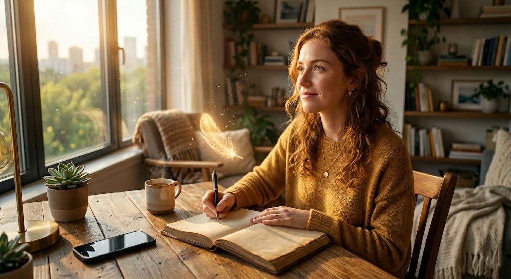 An inspiring cinematic featured image illustrating 'how to manifest a specific person to text you', showing a hopeful woman writing in a journal with a glowing golden feather floating above her hand, symbolizing the whisper method and 369 manifestation technique.