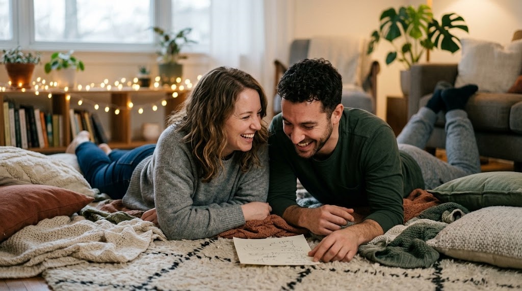 A millennial couple lying on a cozy living room floor, laughing and bonding over a fun relationship quiz game.