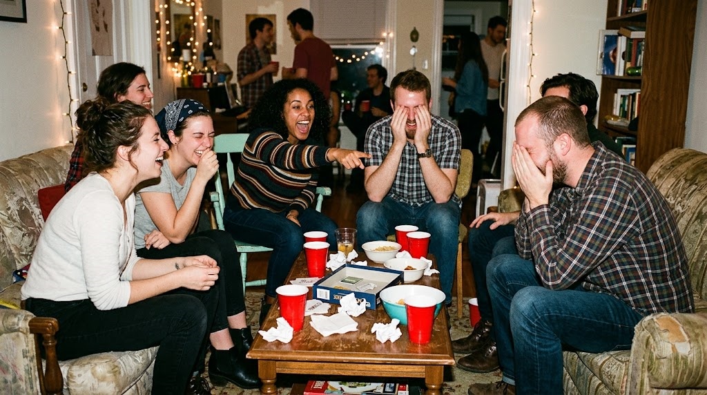 Friends laughing, pointing, and having fun during party drinking games for adults in a large group.