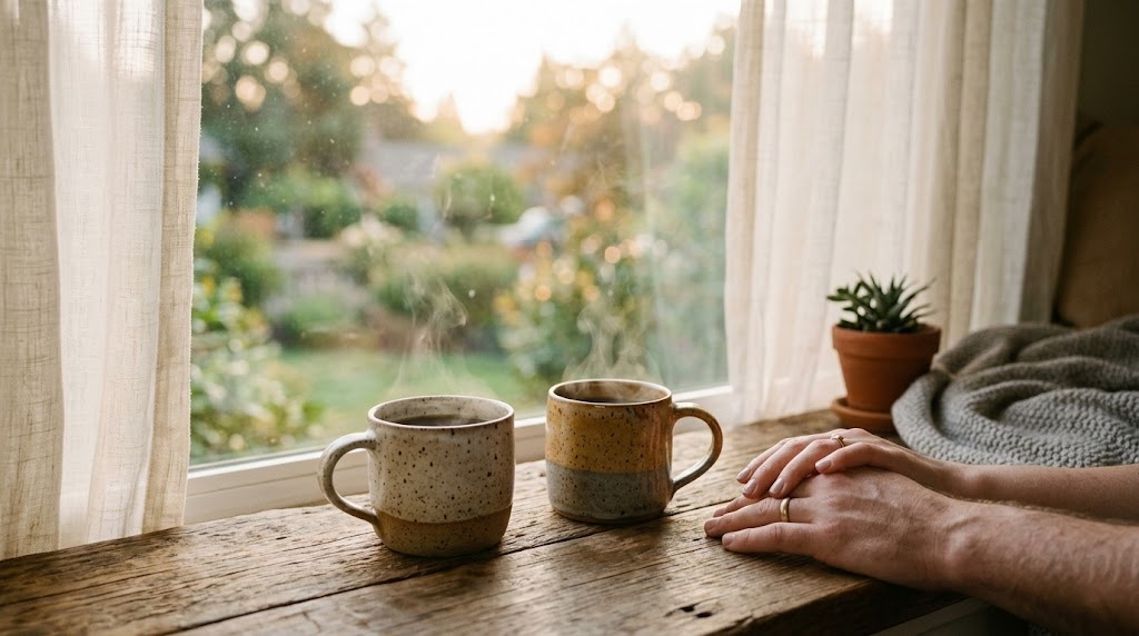 Close up of a married couple gently holding hands next to morning coffee mugs, symbolizing rebuilt intimacy and deep connection.