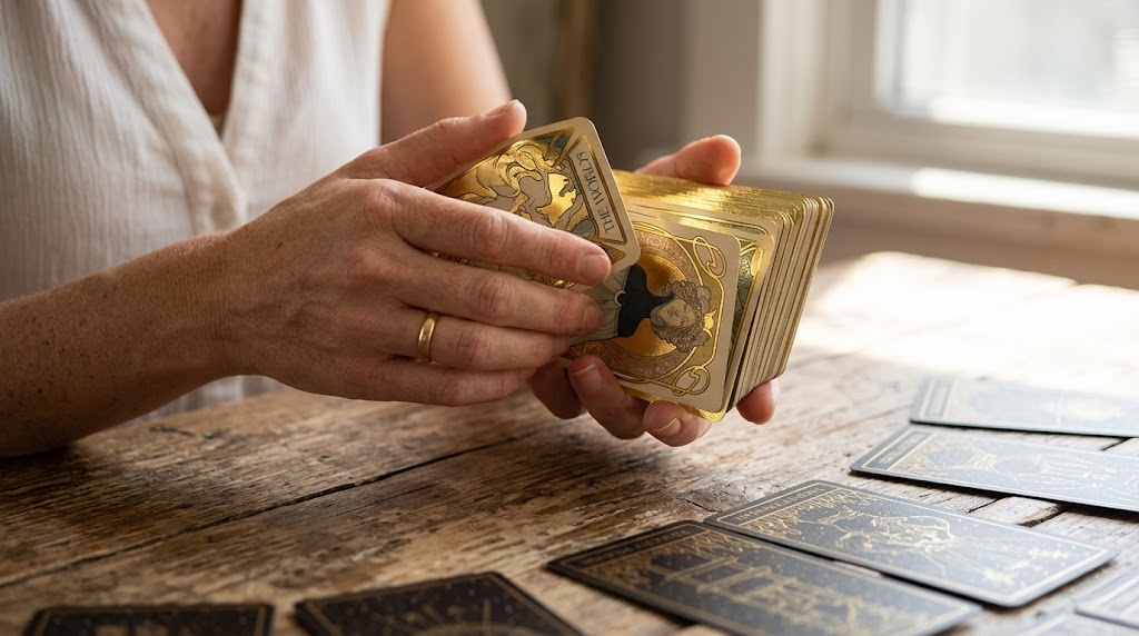 A close-up of a woman's hands gently shuffling a beautiful, gold-foiled tarot deck over a rustic wooden table with sunlight streaming in, preparing for a professional spiritual guidance reading and clarity on a soulmate connection.