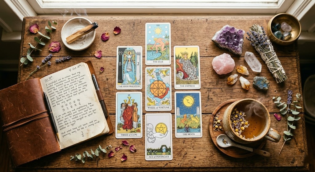 An aesthetic, top-down flat lay photography arrangement on a rustic wooden surface, featuring a floral tarot card spread, an open journal with a pen, several raw healing crystals (rose quartz, amethyst), and a steaming ceramic mug of herbal tea, representing a comprehensive journey towards spiritual and emotional recovery and inner peace.