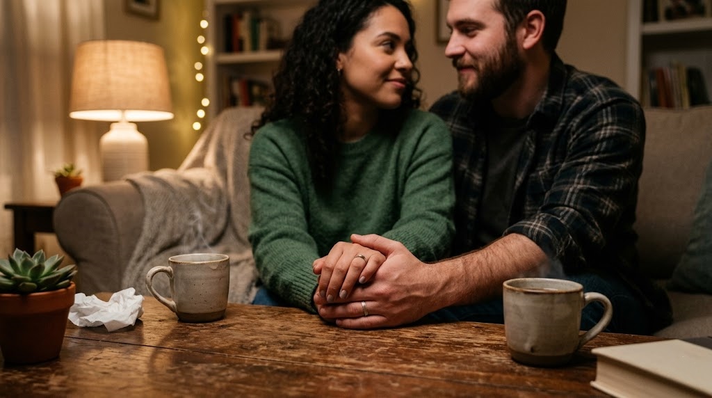 A couple holding hands while practicing validation exercises for couples to rebuild trust.