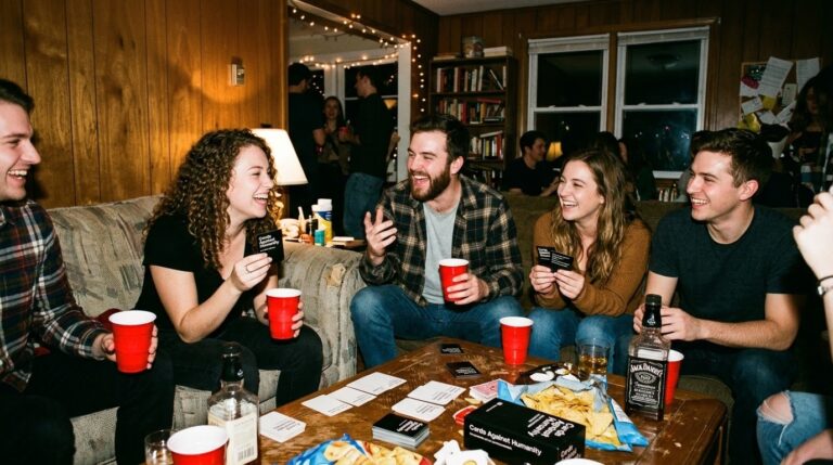 A group of friends laughing and playing fun verbal drinking games at a lively house party.