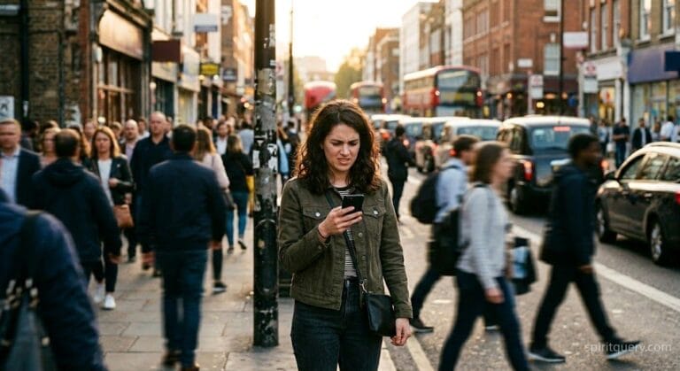 Woman standing on a city street looking at her phone, confused by an Aries man's hot and cold behavior
