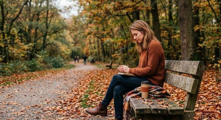 Woman sitting alone on a park bench in quiet reflection, wondering why she keeps attracting emotionally unavailable men