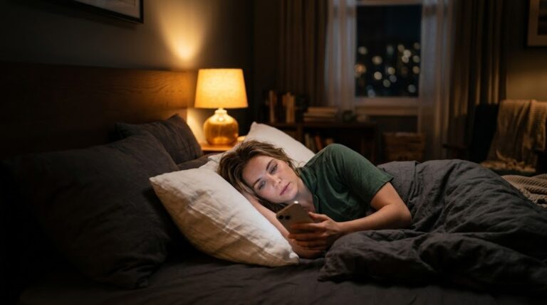 Woman lying in bed at night anxiously checking her phone — best psychic reading sites for love 2026