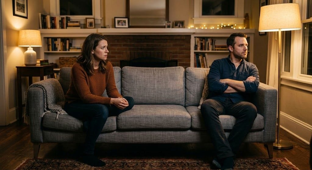 Couple sitting apart on a couch showing Cancer man pulling away