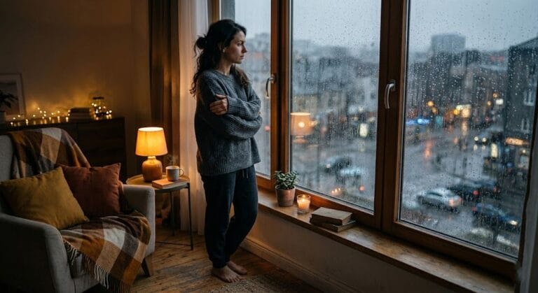 Woman standing by a window looking sad, wondering why her Cancer man is pulling away