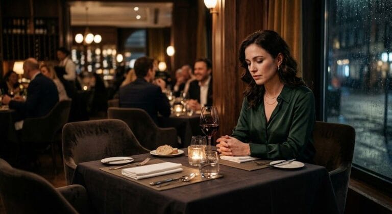 Woman sitting alone at a restaurant table, reflecting on whether her Capricorn man is done with the relationship