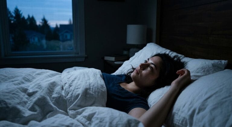 Woman lying awake in bed at dawn after dreaming about her ex, wondering what it means