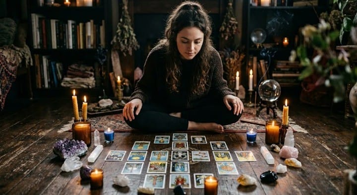 Woman reading a full tarot spread on the floor surrounded by candles and crystals