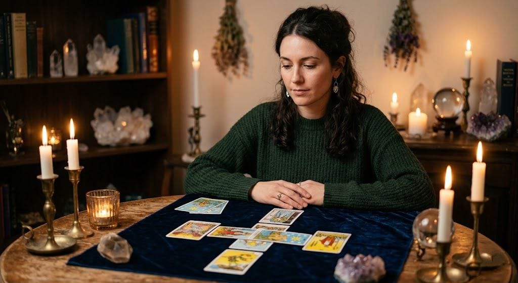 Woman reading a full tarot spread by candlelight for a love reading