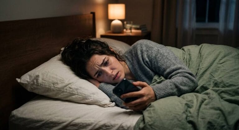 Woman lying on her bed staring at her phone after a man suddenly stopped texting her