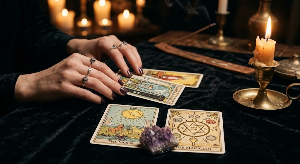 Tarot cards and amethyst crystal on dark velvet — Kasamba psychic tarot reading for love and relationships