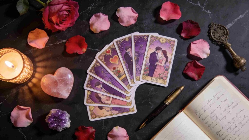 Love tarot cards spread with rose quartz crystals and candle flat lay