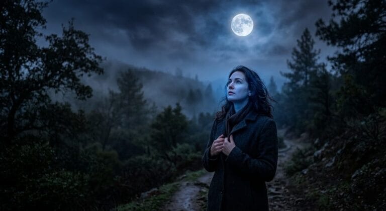  Woman standing under a full moon at night, representing the Moon tarot card energy in a love reading
