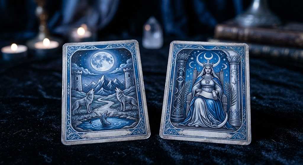 Tarot cards on a dark surface with moonlight tones during a love reading,moon tarot meaning in love