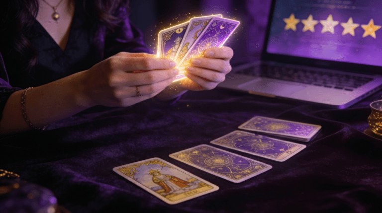 Woman holding glowing tarot cards — most accurate psychic reading sites recommended on Reddit