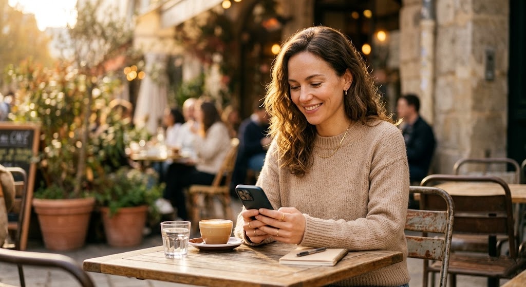 Peaceful woman smiling at phone in café — finding clarity through online psychic love reading 2026