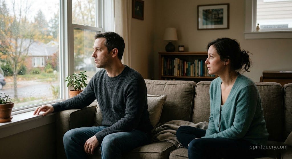 Couple sitting apart near a window with a Pisces man looking distant and withdrawn