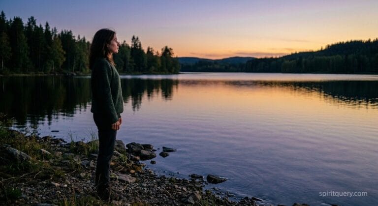 Woman standing by a lake at dusk, reflecting on why her Pisces man is pulling away