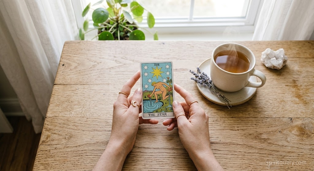 A peaceful image of hands holding a tarot card with a cup of herbal tea, representing the clarity and relief after getting a reading.