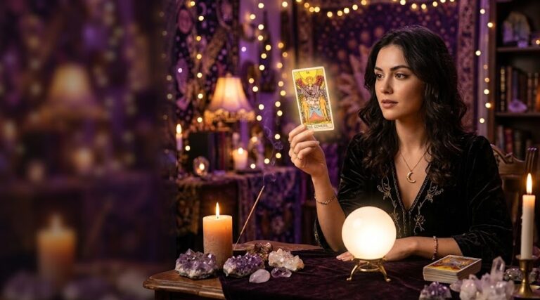 Woman holding glowing tarot card — psychic readings for love 2026