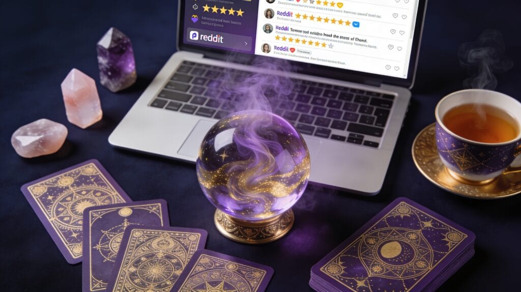 Tarot cards and crystals flat lay with laptop showing psychic site reviews
