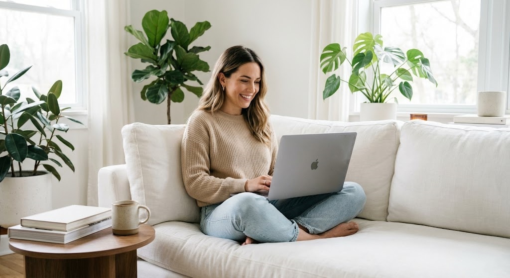Woman doing a live video psychic reading on laptop — Purple Garden online reading platform 2026