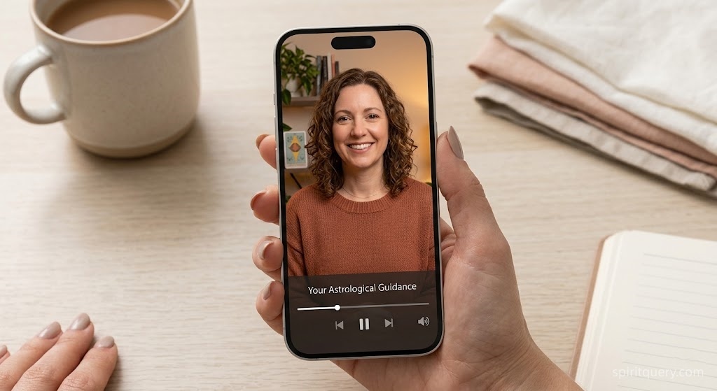 A modern smartphone held in a woman's hand, the screen displays a friendly and professional female tarot reader speaking in a video format, warm lighting, trustworthy and healing vibe, no live call interface, asynchronous video message concept, clean and high-end aesthetic.
