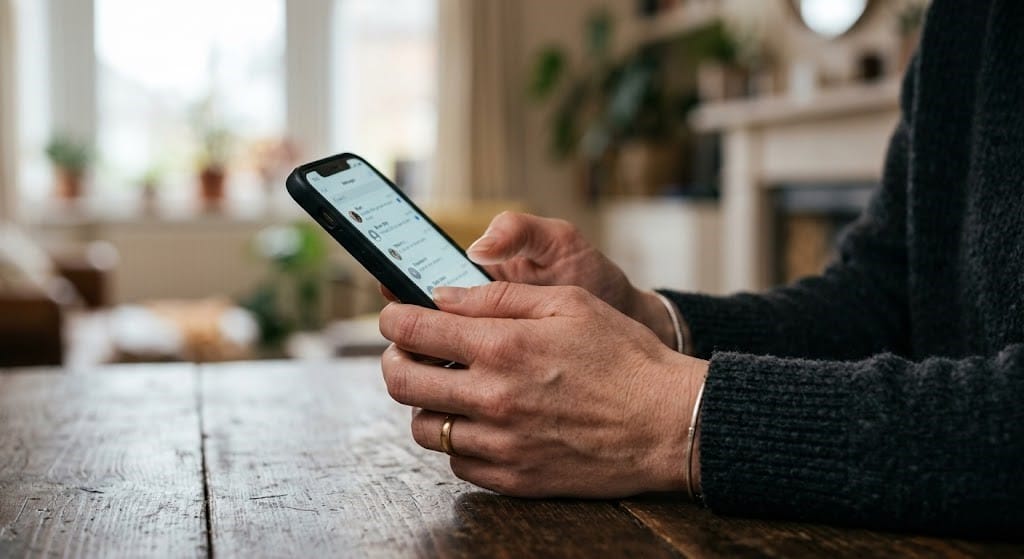 Woman reading text messages on her phone trying to figure out if a man is he losing interest or just busy