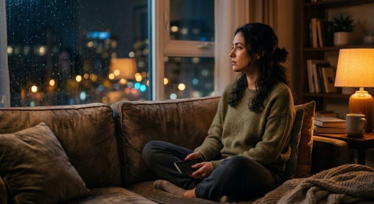 Woman sitting alone at night wondering why her Scorpio man is ignoring her