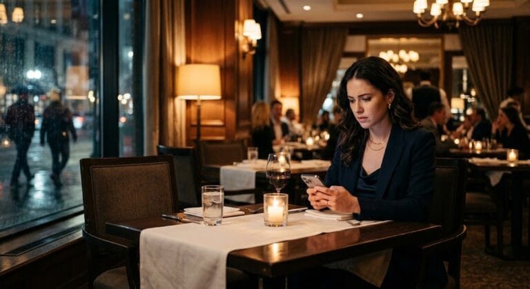  Woman sitting alone at a restaurant table, wondering if her Scorpio man is testing her