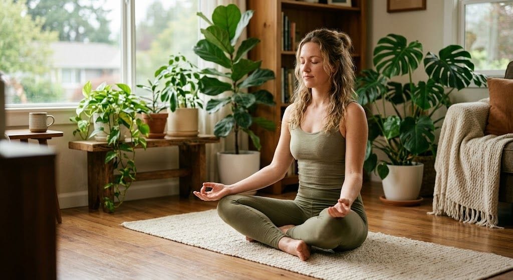 Woman meditating at home, focused on healing and understanding her relationship patterns